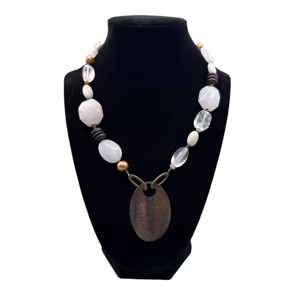 Silpada 925 Sterling Silver Hammered Pendant Wood Stone Pearl Necklace 18" Y2K